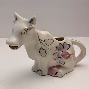 Vintage Old Ceramic Cow Creamer Gold Accent Handpainted Flowers